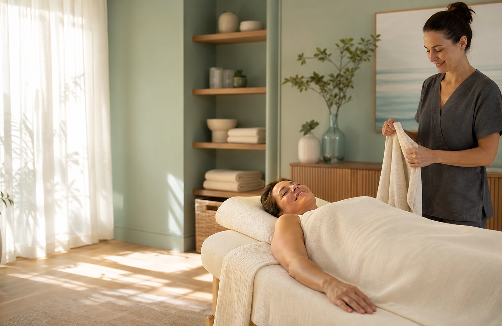 A smiling Hands of Magic massage therapist preparing a client for a peaceful Newport Beach session
